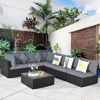 7 Piece Outdoor Sectional Patio Furniture Set with Wicker Sofa and Glass Coffee Table