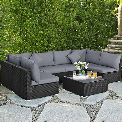 7 Piece Outdoor Sectional Patio Furniture Set with Wicker Sofa and Glass Coffee Table