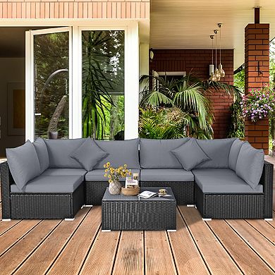 7 Piece Outdoor Sectional Patio Furniture Set with Wicker Sofa and Glass Coffee Table