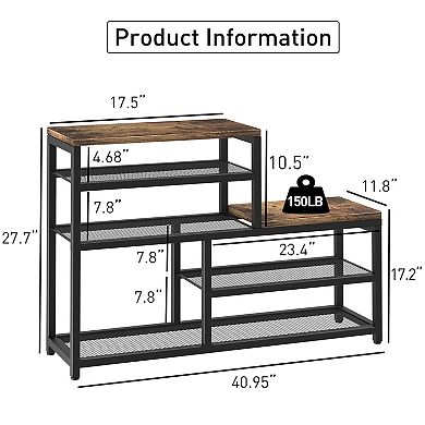 5 Tier Shoe Rack Bench Organizer with Seat Holds 15 Pairs Entryway Storage Brown 1 Piece