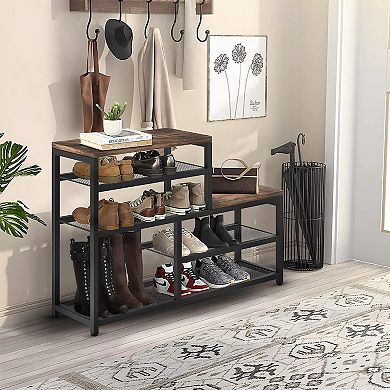 5 Tier Shoe Rack Bench Organizer with Seat Holds 15 Pairs Entryway Storage Brown 1 Piece