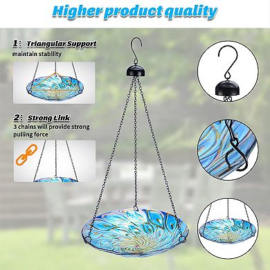 11 inch Hanging Glass Bird Bath Peacock Pattern Outdoor Birdfeeder for Garden Yard 1 Piece