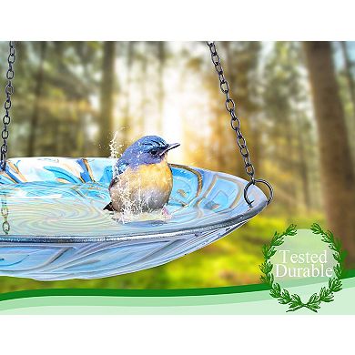 11 inch Hanging Glass Bird Bath Peacock Pattern Outdoor Birdfeeder for Garden Yard 1 Piece