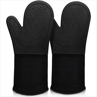 Heat Resistant Oven Gloves 14.6", Silicone Non-Slip with Quilted Liner Black Pair