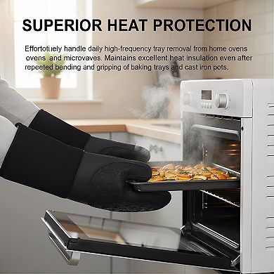 Heat Resistant Oven Gloves 14.6", Silicone Non-Slip with Quilted Liner Black Pair