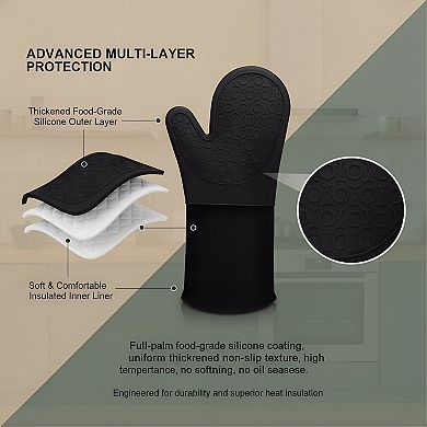 Heat Resistant Oven Gloves 14.6", Silicone Non-Slip with Quilted Liner Black Pair