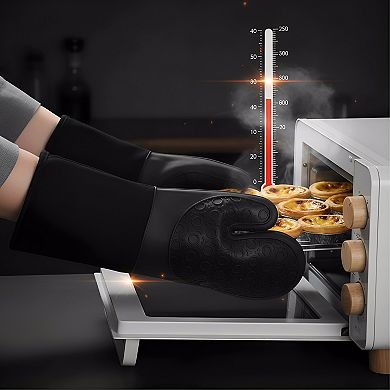 Heat Resistant Oven Gloves 14.6", Silicone Non-Slip with Quilted Liner Black Pair