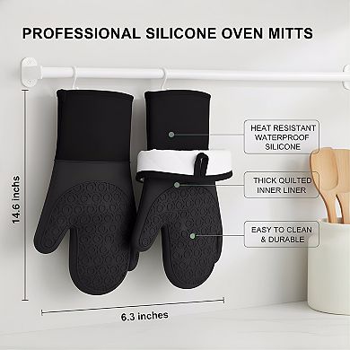 Heat Resistant Oven Gloves 14.6", Silicone Non-Slip with Quilted Liner Black Pair