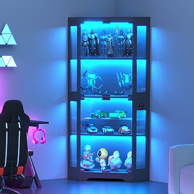 Hexagonal Corner Glass Display Cabinet 4-Tier Curio with LED Lights, Smart Sensor & Charging Ports