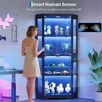 Hexagonal Corner Glass Display Cabinet 4-Tier Curio with LED Lights, Smart Sensor & Charging Ports