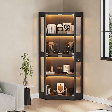 Hexagonal Corner Glass Display Cabinet 4-Tier Curio with LED Lights, Smart Sensor & Charging Ports