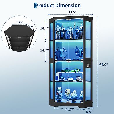 Hexagonal Corner Glass Display Cabinet 4-Tier Curio with LED Lights, Smart Sensor & Charging Ports