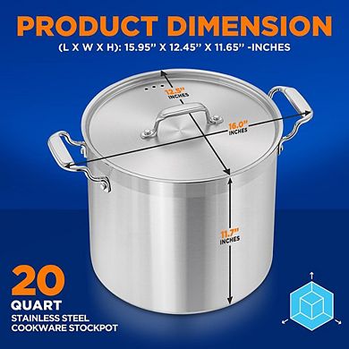 NutriChef 20 Qt Heavy-Duty Stockpot Stainless Lid, Induction & Gas Ready