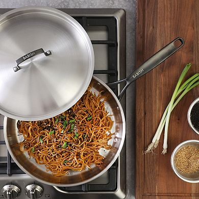Babish 12 Inch Triply Stainless Steel Frying Pan with Lid Black Handle