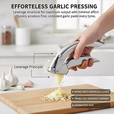 Stainless Steel Garlic Press 6.5 Inch, Easy-Squeeze Mincer Silver