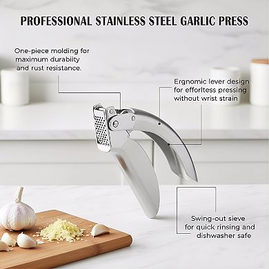Stainless Steel Garlic Press 6.5 Inch, Easy-Squeeze Mincer Silver