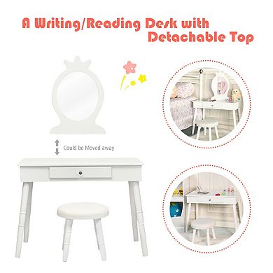 Kids Vanity Table And Chair Set With Mirror And Drawer