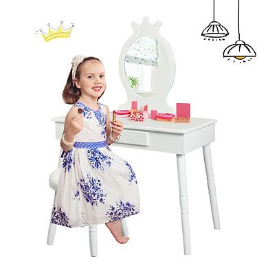 Kids Vanity Table And Chair Set With Mirror And Drawer