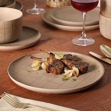 Gibson Elite Milano Lines 12 Piece Plates and Bowls Stoneware Reactive Patterned Dinnerware Set