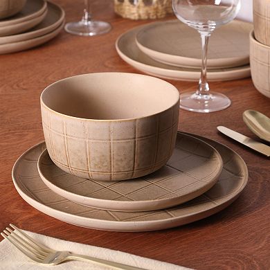 Gibson Elite Milano Lines 12 Piece Plates and Bowls Stoneware Reactive Patterned Dinnerware Set