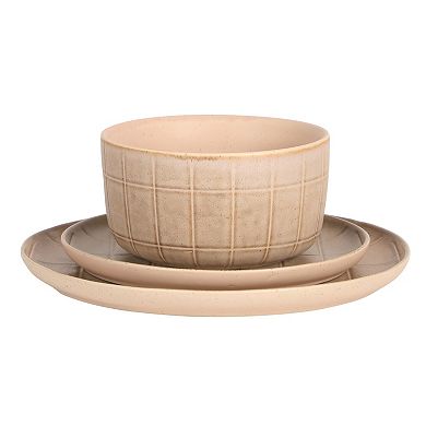 Gibson Elite Milano Lines 12 Piece Plates and Bowls Stoneware Reactive Patterned Dinnerware Set