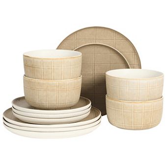 Gibson Elite Milano Lines 12 pc Plates and Bowls Stoneware Reactive Patterned Dinnerware Set
