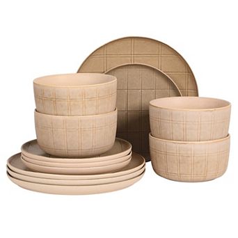 Gibson Elite Milano Lines 12 pc Plates and Bowls Stoneware Reactive Patterned Dinnerware Set