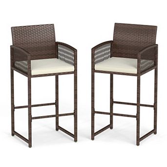 Set of 2 Rattan Bar Stools with Cushions and Footrest