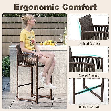 Set of 2 Rattan Bar Stools with Cushions and Footrest