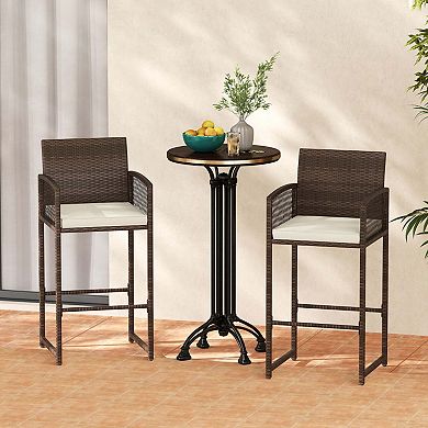 Set of 2 Rattan Bar Stools with Cushions and Footrest