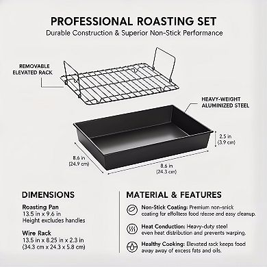 Professional Non-Stick Roaster Pan 13x9 Inch with Non-Stick Rack