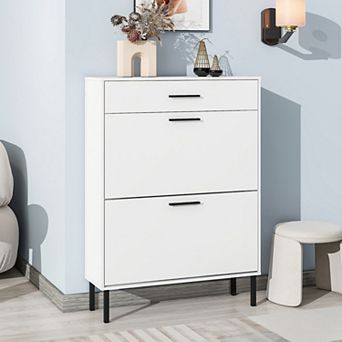 Modern Shoe Cabinet with 2 Flip Drawers & Top Drawer, for Entryway Hallway