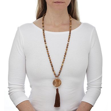 Round Genuine Brown Jasper Goldtone Bezel Set Cabochon Beaded Necklace 34 Inch