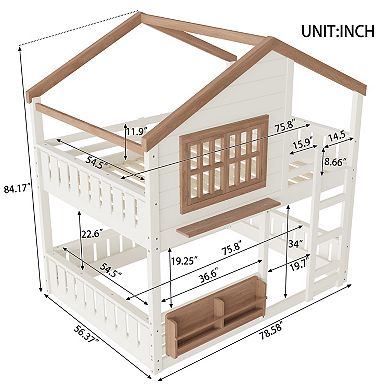 Trikiousd Full Size House Bunk Beds Wood Playhouse Floor Bunk Bed w/ Bookshelf, Ladder & Guardrail