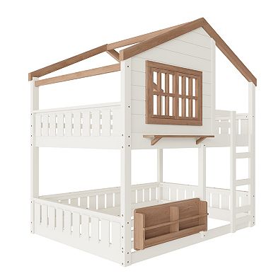 Trikiousd Full Size House Bunk Beds Wood Playhouse Floor Bunk Bed w/ Bookshelf, Ladder & Guardrail