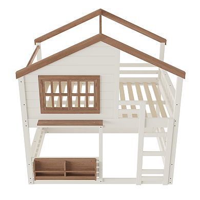 Trikiousd Full Size House Bunk Beds Wood Playhouse Floor Bunk Bed w/ Bookshelf, Ladder & Guardrail