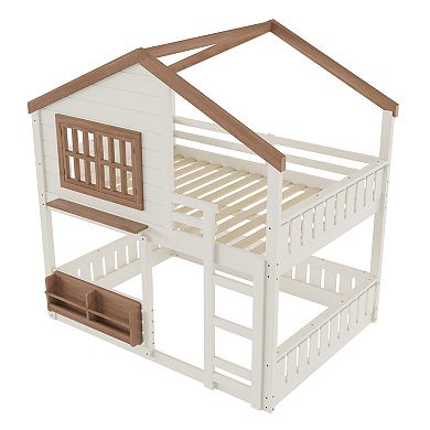 Trikiousd Full Size House Bunk Beds Wood Playhouse Floor Bunk Bed w/ Bookshelf, Ladder & Guardrail