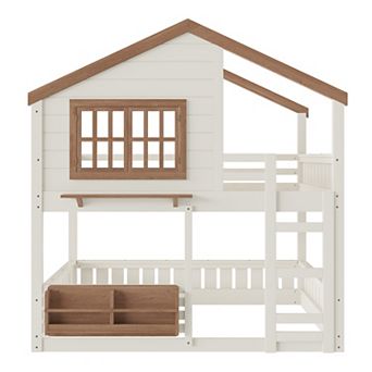 Trikiousd Full Size House Bunk Beds Wood Playhouse Floor Bunk Bed w/ Bookshelf, Ladder & Guardrail