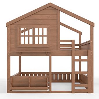 Trikiousd Full Size House Bunk Beds Wood Playhouse Floor Bunk Bed w/ Bookshelf, Ladder & Guardrail