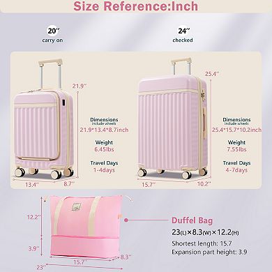 Trikiousd Front Opening Luggage Set 3 Piece, Hardside Carry on Suitcase with USB Port