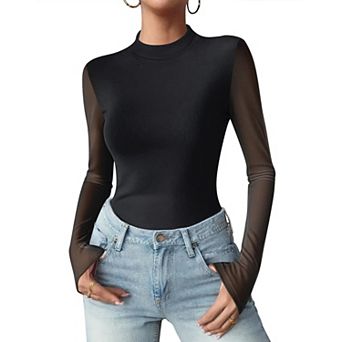 Zeagoo Sheer Long Sleeve Tops for Women Mock Neck Black Trendy Going Out Shirts See Through Top
