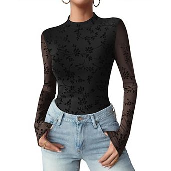 Zeagoo Sheer Long Sleeve Tops for Women Mock Neck Black Trendy Going Out Shirts See Through Top