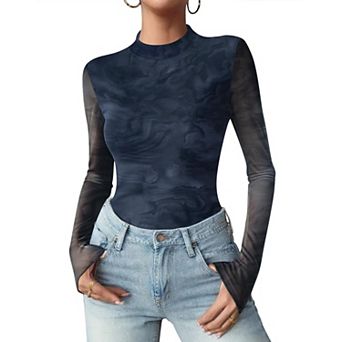 Zeagoo Sheer Long Sleeve Tops for Women Mock Neck Black Trendy Going Out Shirts See Through Top