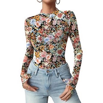 Zeagoo Sheer Long Sleeve Tops for Women Mock Neck Black Trendy Going Out Shirts See Through Top