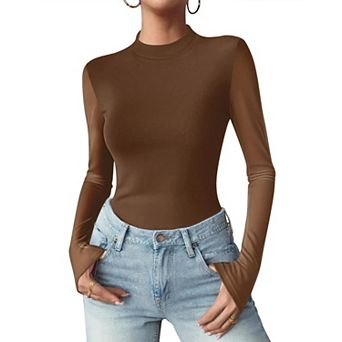 Zeagoo Sheer Long Sleeve Tops for Women Mock Neck Black Trendy Going Out Shirts See Through Top