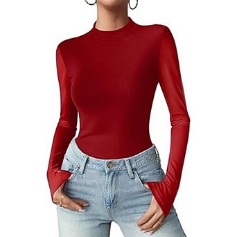 Zeagoo Sheer Long Sleeve Tops for Women Mock Neck Black Trendy Going Out Shirts See Through Top