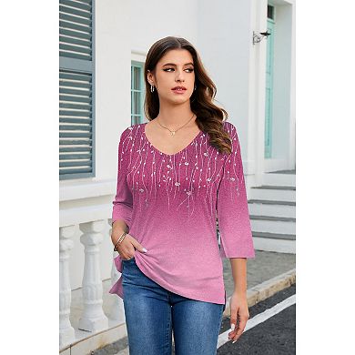 Zeagoo Women's 3/4 Sleeve V Neck Floral Tunic Top Soft Lightweight Casual Work Tops