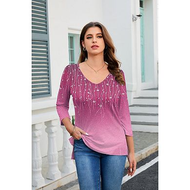 Zeagoo Women's 3/4 Sleeve V Neck Floral Tunic Top Soft Lightweight Casual Work Tops
