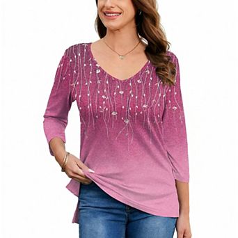 Zeagoo Women's 3/4 Sleeve V Neck Floral Tunic Top Soft Lightweight Casual Work Tops