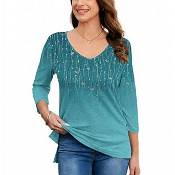 Zeagoo Women's 3/4 Sleeve V Neck Floral Tunic Top Soft Lightweight Casual Work Tops